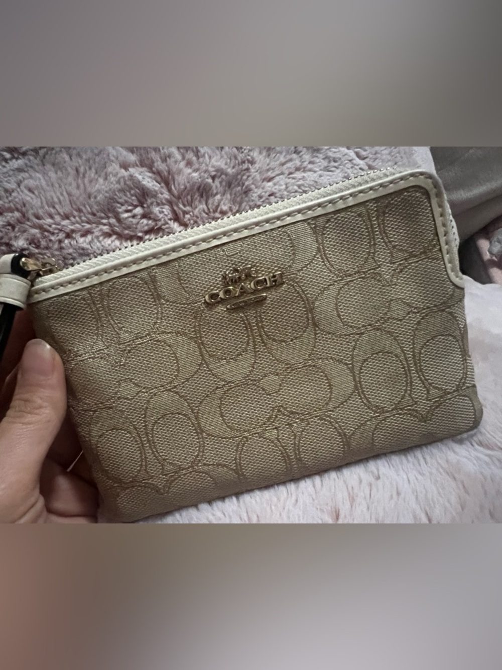Coach Metallic Tan Gold Champagne Signature Clutch Wristlet Pouch Corner Zip